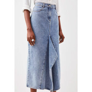 Karen Millen Blue Tairoled Asymmetric Denim Maxi Ruffle Skirt, size 6